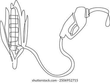 Single one line drawing petrol hose with corn in the center when the nozzle releases a drop of fuel. Easy to process raw material. National Biodiesel Day. Continuous line design graphic illustration