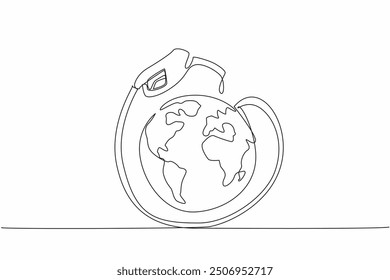 Single one line drawing petrol drops at the tip of nozzle and the petrol hose surrounds the globe. Fuel efficiency using biodiesel. National Biodiesel Day. Continuous line design graphic illustration