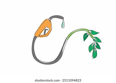 Uma única linha desenhando mangueira de gasolina feita de folhas. Ajude a iluminar a terra. Utilizar combustíveis naturais respeitadores do ambiente. Cuidar. Dia Nacional do Biodiesel. Ilustração gráfica de design de linha contínua