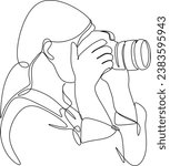 Single one line drawing photographer of paparazzi taking photo with modern digital camera with angles. Journalist or reporter making pictures. Continuous line draw design graphic vector illustration