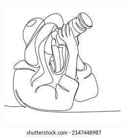 Single one line drawing photographer of paparazzi taking photo with modern digital camera with angles. Journalist or reporter making pictures. Continuous line draw design graphic vector illustration