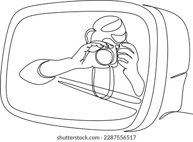 Single one line drawing photographer of paparazzi taking photo with modern digital camera with angles. Journalist or reporter making pictures. Continuous line draw design graphic vector illustration