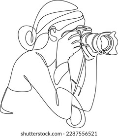 Single one line drawing photographer of paparazzi taking photo with modern digital camera with angles. Journalist or reporter making pictures. Continuous line draw design graphic vector illustration