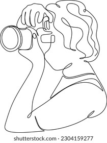 Single one line drawing photographer of paparazzi taking photo with modern digital camera with angles. Journalist or reporter making pictures. Continuous line draw design graphic vector illustration