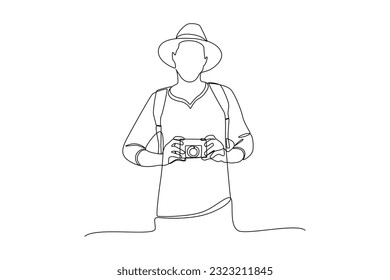 Single one line drawing  Photographer with camera. World photography day concept. Continuous line draw design graphic vector illustration.