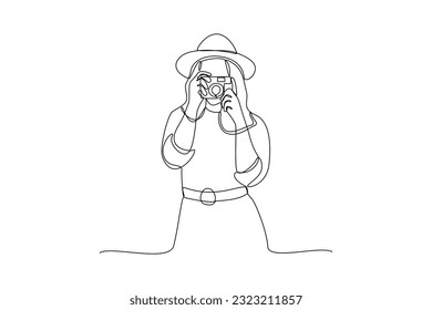 Single one line drawing  Photographer with camera. World photography day concept. Continuous line draw design graphic vector illustration.