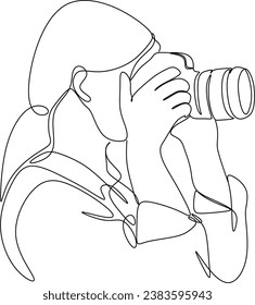 Single one line drawing photographer of paparazzi taking photo with modern digital camera with angles. Journalist or reporter making pictures. Continuous line draw design graphic vector illustration