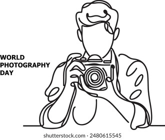 Single one line drawing Photographer with camera. World photography day concept continuous line draw design.