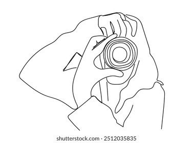 Fotógrafo de desenho de uma linha única de paparazzi tirando foto com câmera digital moderna com ângulos. Jornalista ou repórter fazendo fotos. Ilustração de vetor gráfico de design de desenho de linha contínua