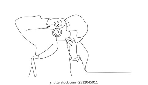 Fotógrafo de desenho de uma linha única de paparazzi tirando foto com câmera digital moderna com ângulos. Desenho de linha contínua desenho gráfico vetor ilustração Jornalista ou repórter fazendo fotos. 