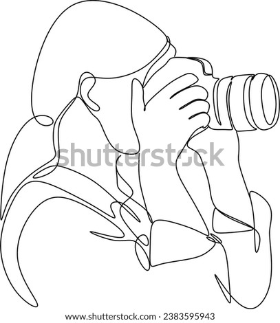 Single one line drawing photographer of paparazzi taking photo with modern digital camera with angles. Journalist or reporter making pictures. Continuous line draw design graphic vector illustration
