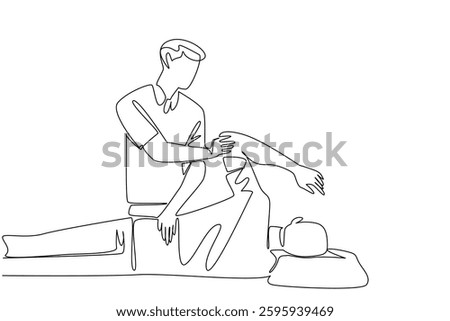 Single one line drawing physiotherapist massaging the back a patient who is lying on side. Rehabilitation. Chiropractor. Spinal Cord Injury Awareness Day. Continuous line design graphic illustration