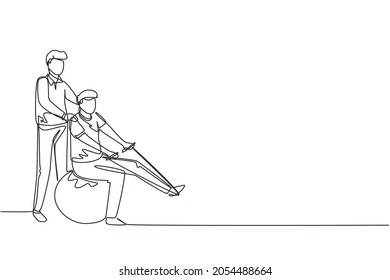 Single one line drawing physiotherapy rehabilitation isometric composition with medical specialist helping man patient to massage leg with rope. Modern continuous line draw design vector illustration