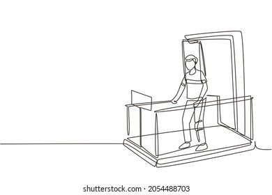 Composición isométrica de la rehabilitación fisioterapéutica de dibujo de una sola línea con el hombre caminando en máquina de correr médica. Concepto de salud. Ilustración gráfica de diseño de trazos de línea continua