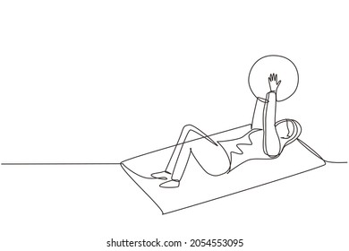 Single one line drawing physiotherapy rehabilitation isometric composition with female lying on mat, lifting on rubber ball. Healthcare concept. Continuous line draw design graphic vector illustration