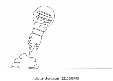 Single one line drawing pile of book launching with light bulb. Concept of knowledge, space, wisdom. Bookstore or book festival and fair. Modern continuous line draw design graphic vector illustration