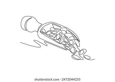 Single one line drawing of pile healthy organic goji berries on seed spoon for orchard logo identity. Fresh gojiberry fruitage for fruit garden icon. Continuous line design graphic vector illustration