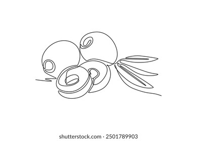 Single one line drawing of pile healthy organic olive fruit for orchard logo identity. Freshness core ingredients concept for fruit icon. Modern continuous line draw design graphic vector illustration