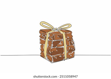 Single one line drawing a pile of tasty granola bars tied together using thick rope. Dry snacks have a sweet taste. Low calories. National Flapjack Day. Continuous line design graphic illustration