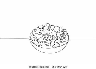 Single one line drawing pile of animal crackers in various animal shapes on bowl. Serving snacks. Easy to take and delicious. National Animal Crackers Day. Continuous line design graphic illustration