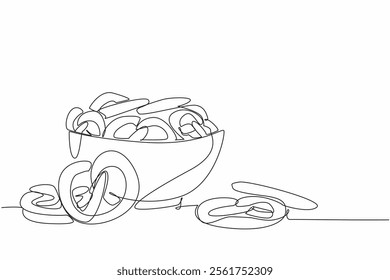 Single one line drawing pile of pretzels are in a bowl and some are scattered. Enjoying a variety of elegant sweet cakes. Delicious. National Pretzel Day. Continuous line design graphic illustration