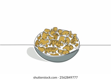 Single one line drawing pile of animal crackers in various animal shapes on bowl. Serving snacks. Easy to take and delicious. National Animal Crackers Day. Continuous line design graphic illustration