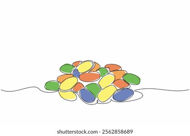 Single one line drawing pile of colorful jelly beans. Candy with various fruit flavors. Hard on the outside, soft on the inside. National Jelly Bean Day. Continuous line design graphic illustration