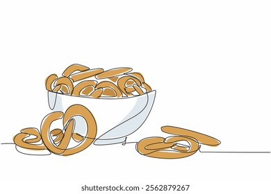 Single one line drawing pile of pretzels are in a bowl and some are scattered. Enjoying a variety of elegant sweet cakes. Delicious. National Pretzel Day. Continuous line design graphic illustration