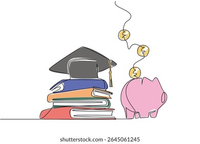 Single one line drawing pile of thick books topped with graduation cap and piggy bank filled with coins. Preparing education savings. College Savings Day. Continuous line design graphic illustration
