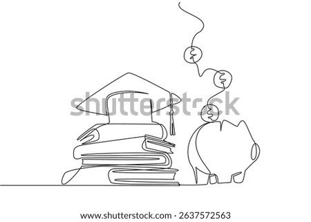 Single one line drawing pile of thick books topped with graduation cap and piggy bank filled with coins. Preparing education savings. College Savings Day. Continuous line design graphic illustration