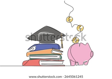 Single one line drawing pile of thick books topped with graduation cap and piggy bank filled with coins. Preparing education savings. College Savings Day. Continuous line design graphic illustration