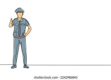 Single one line drawing of pilot stands with a thumbs-up gesture and complete uniform serves airplane passengers fly to their destination. Continuous line draw design graphic vector illustration.