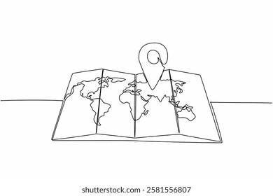 Single one line drawing pin location on paper map with world map. Search for destination points with a map. Convenience for travelers. National Tourism Day. Continuous line design graphic illustration