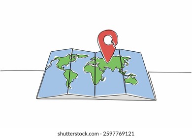 Single one line drawing pin location on paper map with world map. Search for destination points with a map. Convenience for travelers. National Tourism Day. Continuous line design graphic illustration