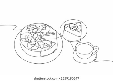 Single one line drawing pineapple upside-down cake in round shape cut into small pieces. Easiest serving. Calmness. Enjoyment. Pineapple Upside-Down Cake. Continuous line design graphic illustration