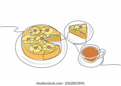 Single one line drawing pineapple upside-down cake in round shape cut into small pieces. Easiest serving. Calmness. Enjoyment. Pineapple Upside-Down Cake. Continuous line design graphic illustration