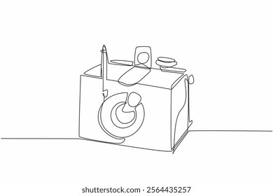 Single one line drawing pinhole camera made of wood. A simple camera that does not have lens. Shooting using negative paper. World Pinhole Photography Day. Continuous line design graphic illustration