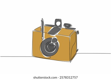 Single one line drawing pinhole camera made of wood. A simple camera that does not have lens. Shooting using negative paper. World Pinhole Photography Day. Continuous line design graphic illustration