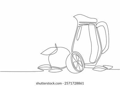 Single one line drawing pitcher filled with orange juice with orange pieces. Refreshing drink with vitamin C. Thirst quencher. National Orange Juice Day. Continuous line design graphic illustration