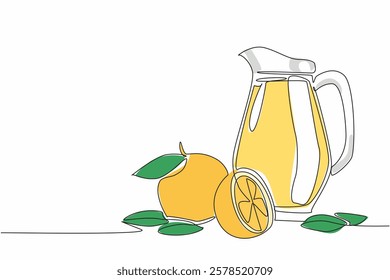 Single one line drawing pitcher filled with orange juice with orange pieces. Refreshing drink with vitamin C. Thirst quencher. National Orange Juice Day. Continuous line design graphic illustration