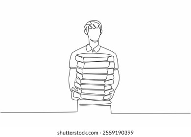 Single one line drawing pizza delivery man carrying a pile of pizza boxes. The pizza party is about to start. Tasty. Pizza Delivery Driver Appreciation Day. Continuous line design graphic illustration