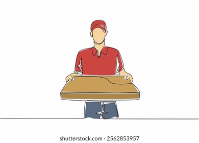 Single one line drawing pizza delivery man carrying a large pizza box. Deliver according to technical instructions. Pizza Delivery Driver Appreciation Day. Continuous line design graphic illustration