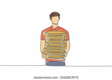 Single one line drawing pizza delivery man carrying a pile of pizza boxes. The pizza party is about to start. Tasty. Pizza Delivery Driver Appreciation Day. Continuous line design graphic illustration