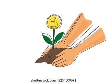 Single one line drawing planting young money tree by kid hand on back soil as care. Concept for return coin money saving and investment. Modern continuous line draw design graphic vector illustration