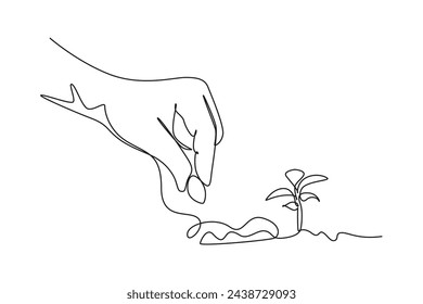 Single one line drawing of planting a seed in soil. Farming challenge minimal concept. Continuous line draw design graphic vector illustration.