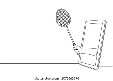 Single one line drawing player hand holds badminton racket through mobile phone. Smartphone with badminton games app. Mobile sports stream championship. Continuous line draw design graphic vector