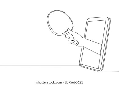 Un jugador de dibujo de una sola línea sostiene un bate de tenis de mesa a través del teléfono móvil. Smartphone con aplicación de juegos de ping pong. Campeonato de torrente deportivo móvil. Vector gráfico de diseño de trazos de línea continua
