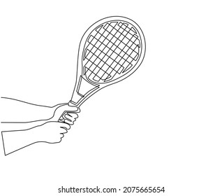 Single one line drawing player hand holding tennis racket. Sport equipment tennis racquets. Sporting goods for championship. Outdoors summer activity. Modern continuous line draw design graphic vector
