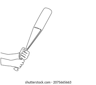 Single one line drawing player hand holding baseball bat. American outdoor sport game equipment. Realistic baseball bat. Sketch scratchboard imitation. Continuous line draw design vector illustration