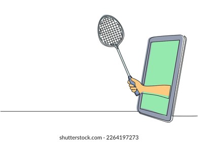 Single one line drawing player hand holds badminton racket through mobile phone  Smartphone and badminton games app  Mobile sports stream championship  Continuous line draw design graphic vector